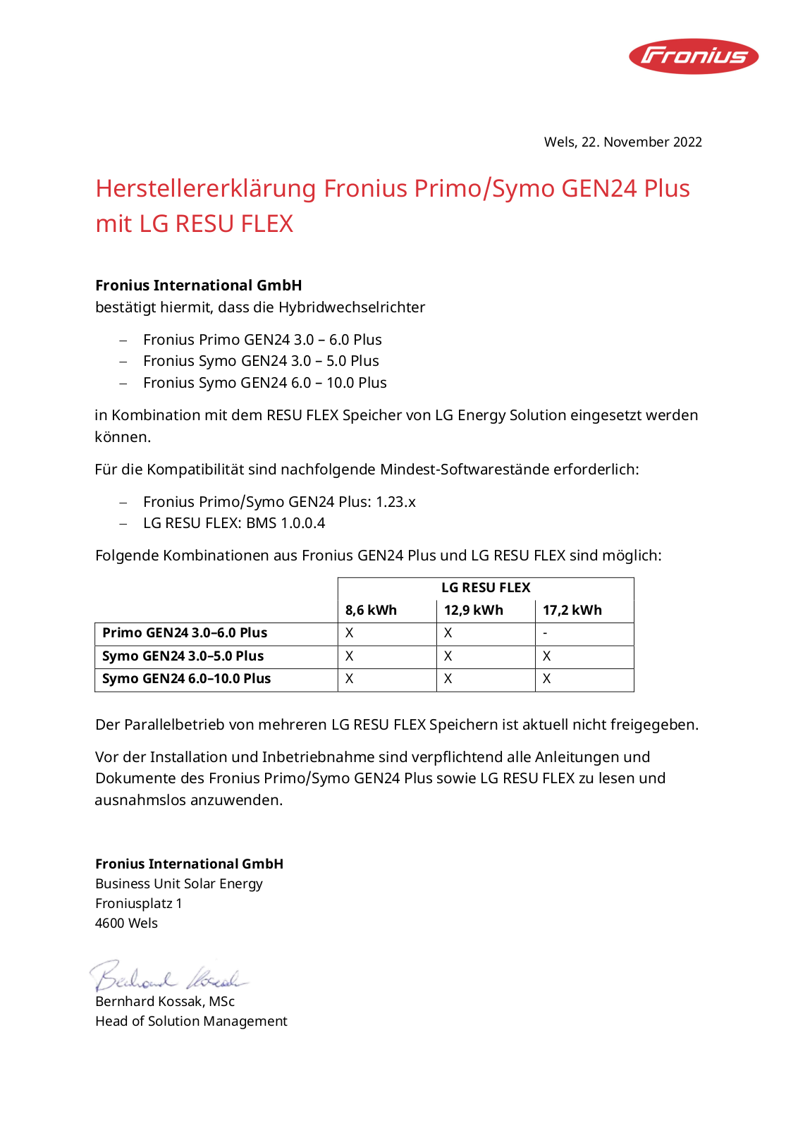 Fronius Compatibility Primo/Symo GEN24 Plus with LG RESU FLEX Certificate
