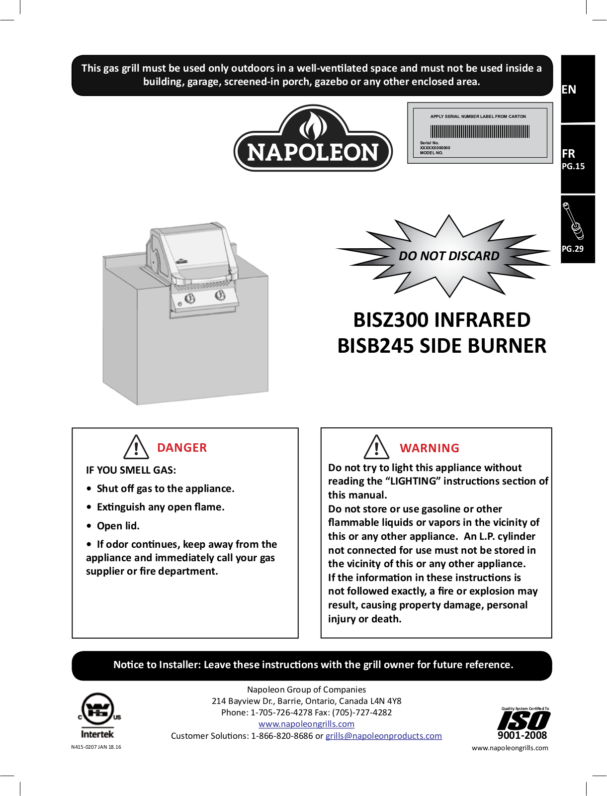 Napoleon Bisb245, Bisz300ss, Bisz300ft Owner's Manual