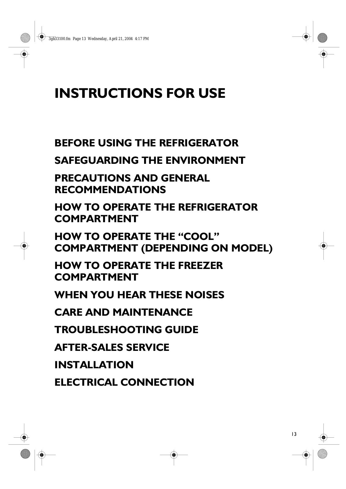 Whirlpool KGNA 3601 INSTRUCTION FOR USE