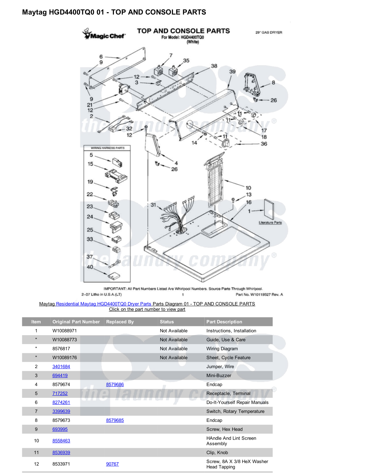 Maytag HGD4400TQ0 Parts Diagram