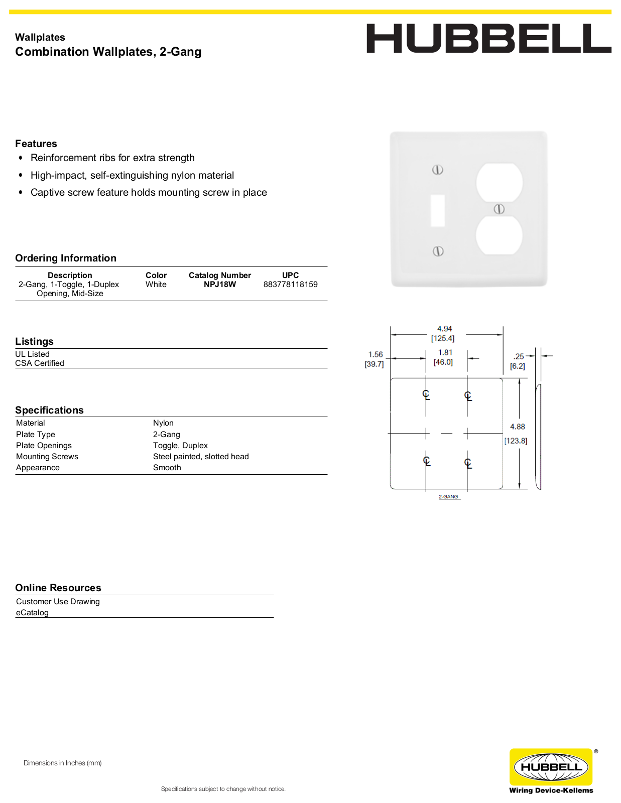 Hubbell NPJ18W Specifications