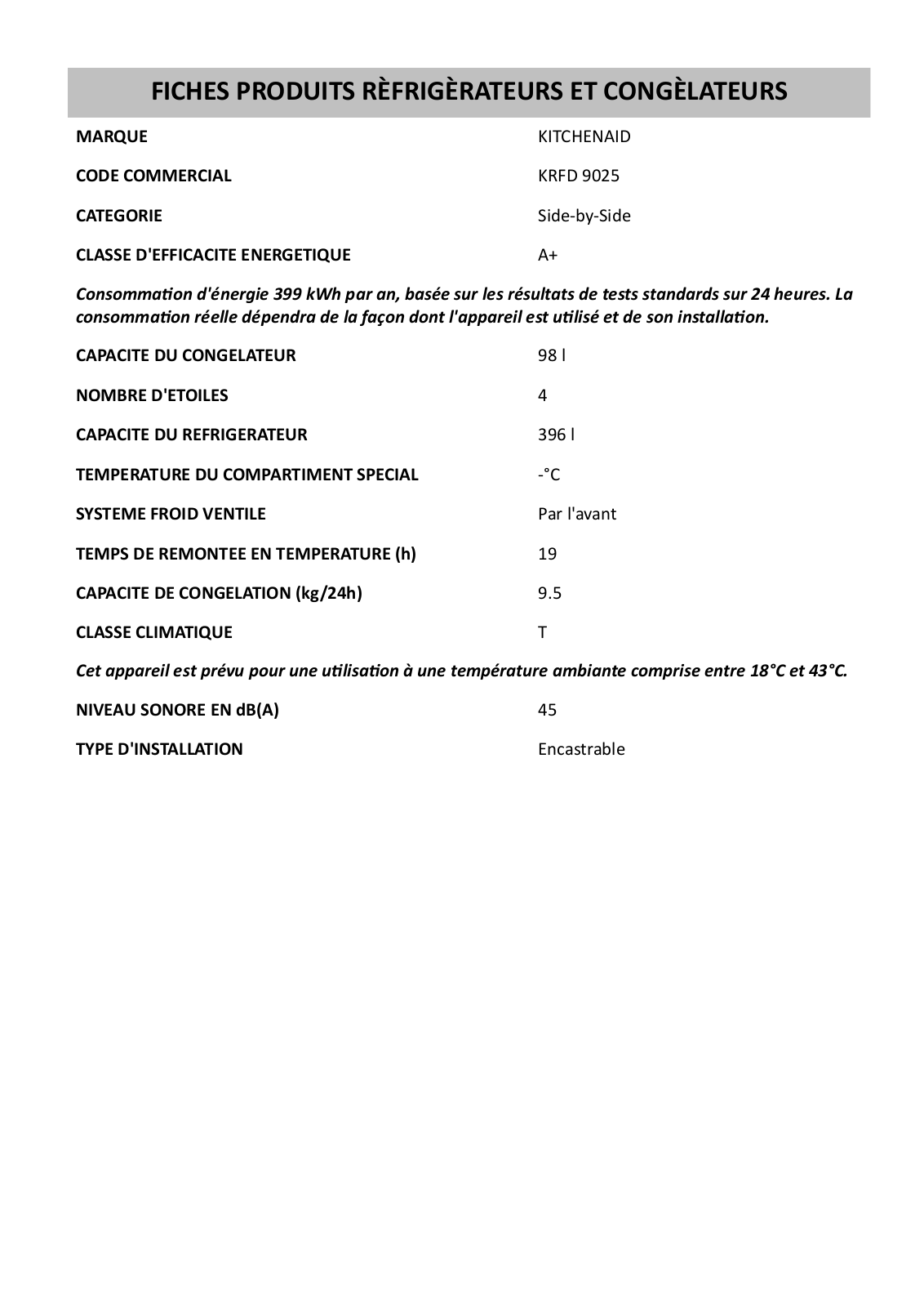 KitchenAid KRFD 9025 Product Information