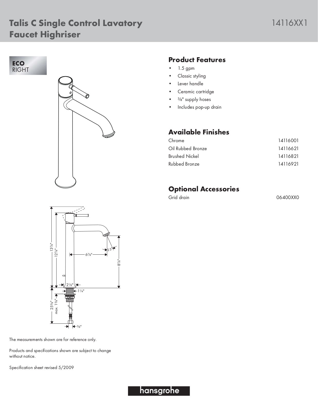 Hansgrohe 14116001 Specs