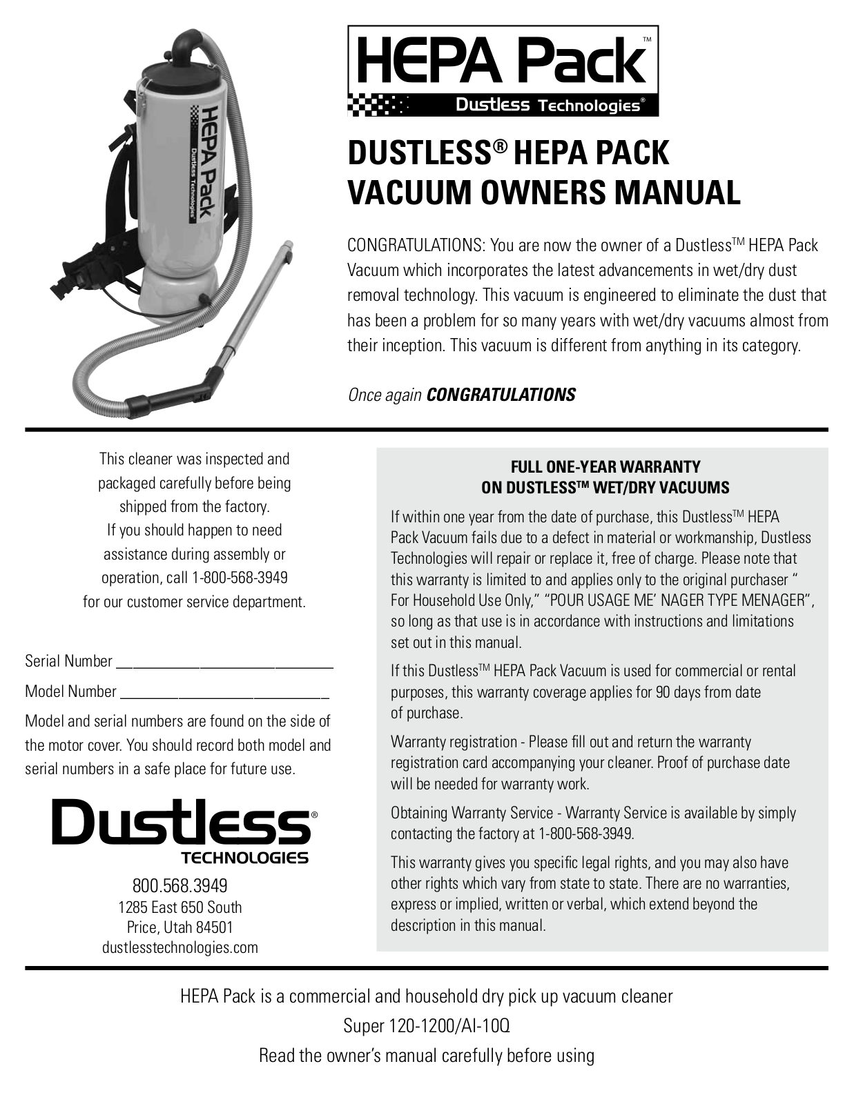 Dustless HEPAPack User Manual