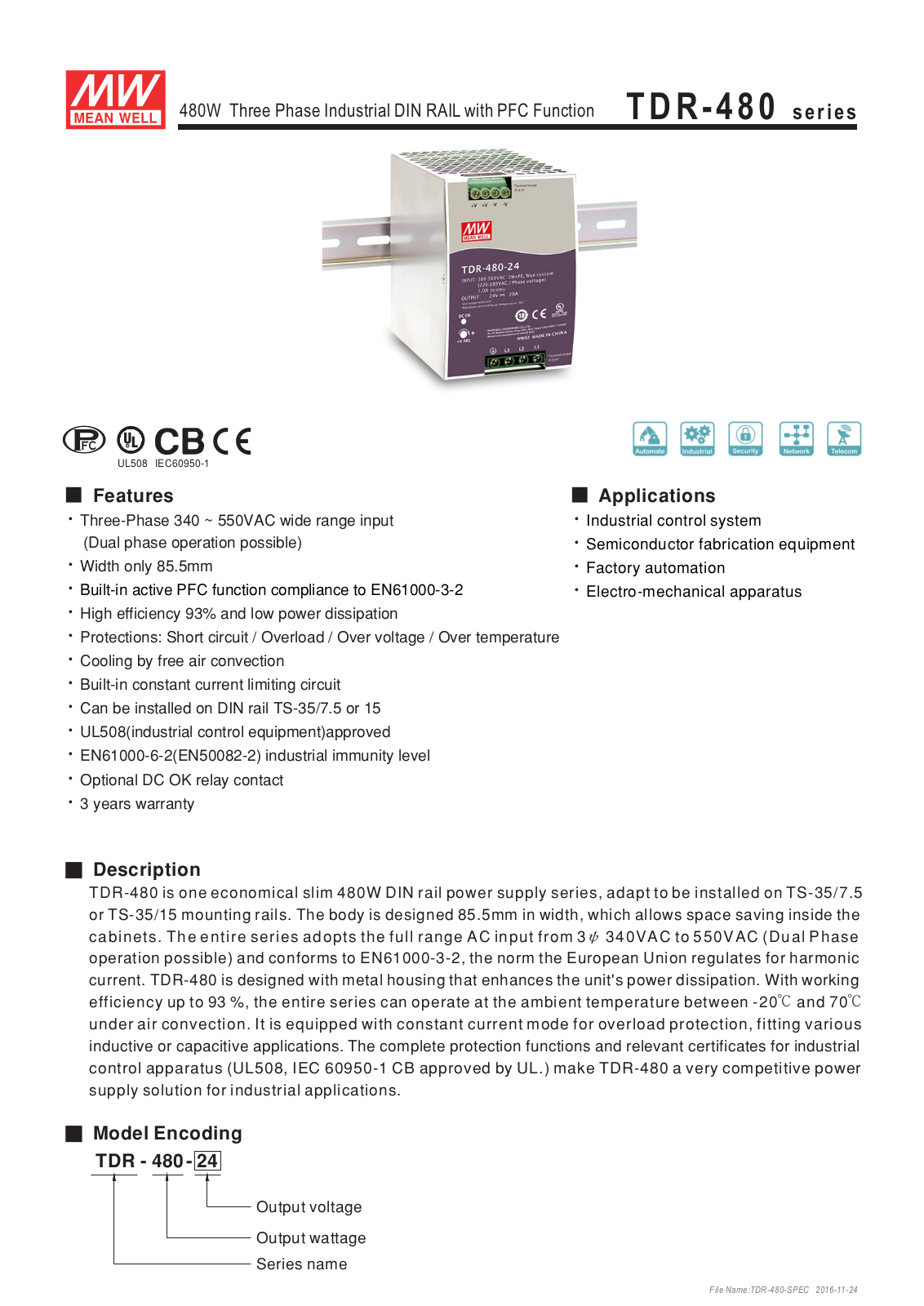 MEANWELL MW TDR-480-48 Datasheet - ManualMachine.com
