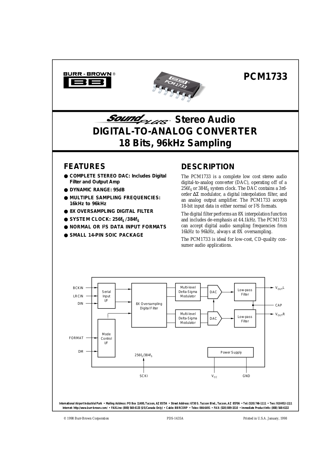 Burr Brown PCM1733U, PCM1733U-2K Datasheet