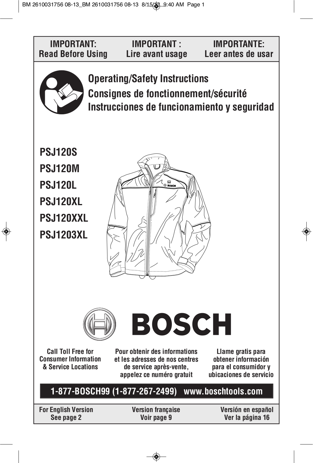 Bosch Appliances PSJ120M, PSJ120S, PSJ120L-102W, PSJ120XXL-102, PSJ120XXL User Manual