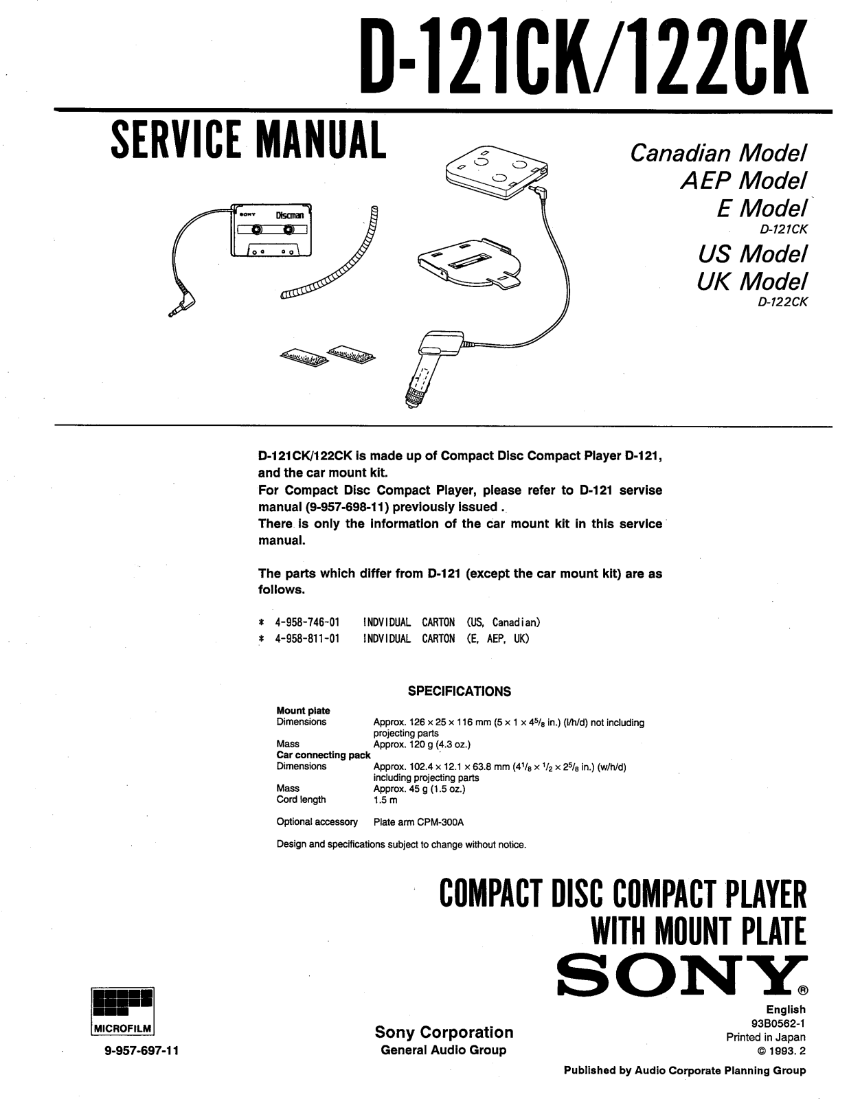 Sony D-121CK, D-122CK Service Manual