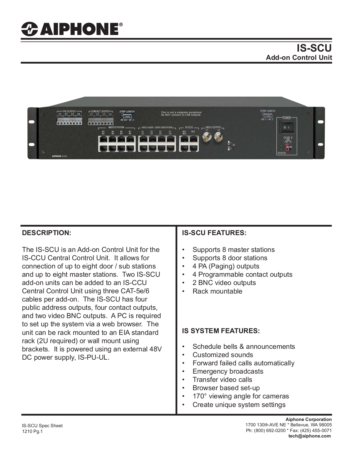 Aiphone IS-SCU Specsheet