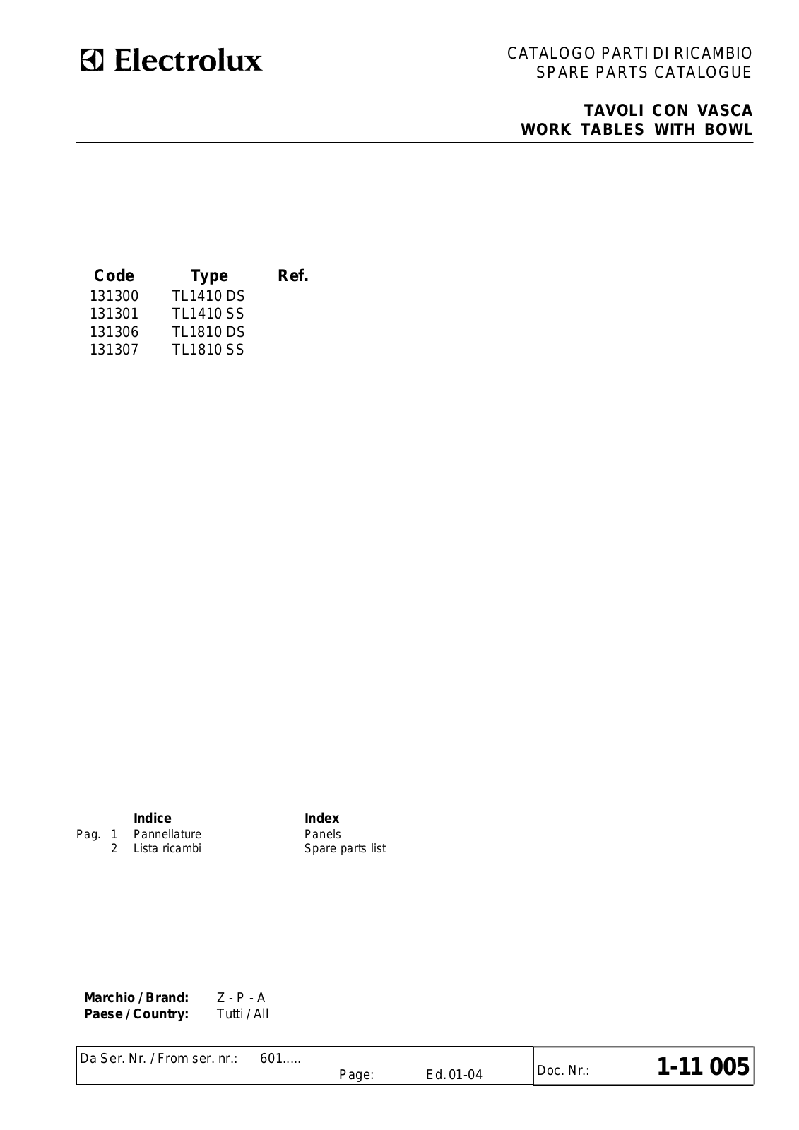 Electrolux Professional TL1410SS Parts Manual