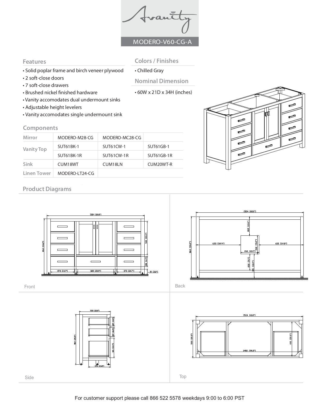 Avanity MODEROV60CGA, MODEROVS60CGAC, MODEROVS60CGAB, MODEROVS60CGAA Specifications