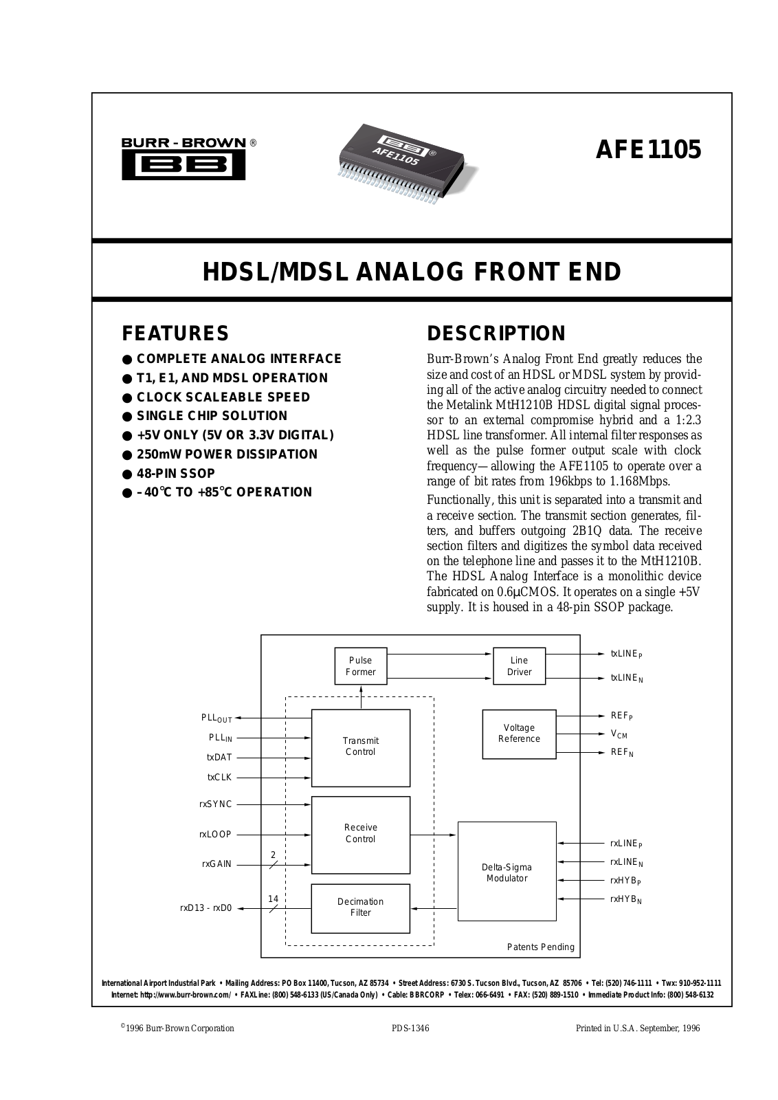 Burr Brown Corporation AFE1105E-1K, AFE1105 Datasheet