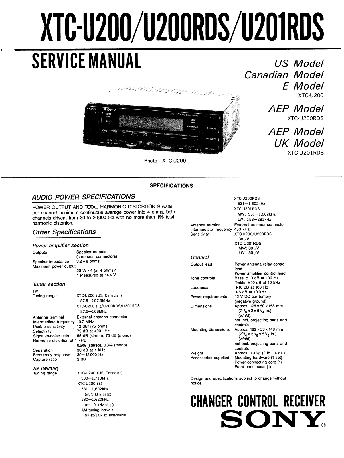 Sony XTCU-201-RDS Service manual