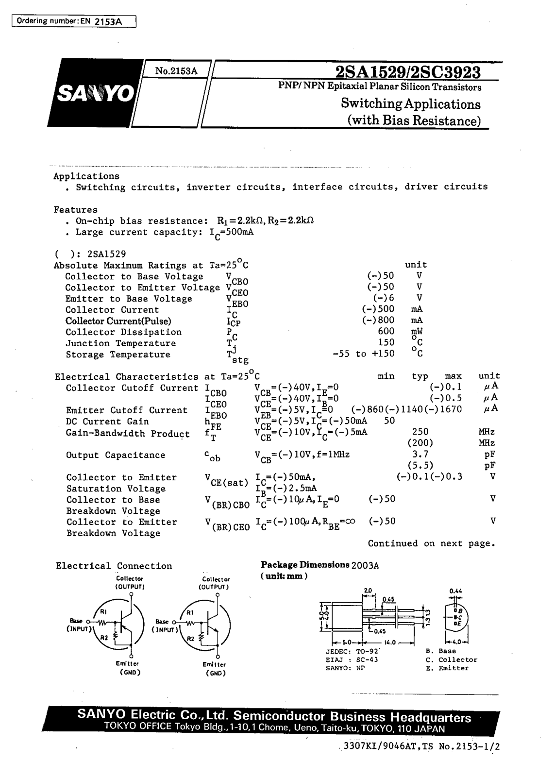 SANYO 2SC3923, 2SA1529 Datasheet