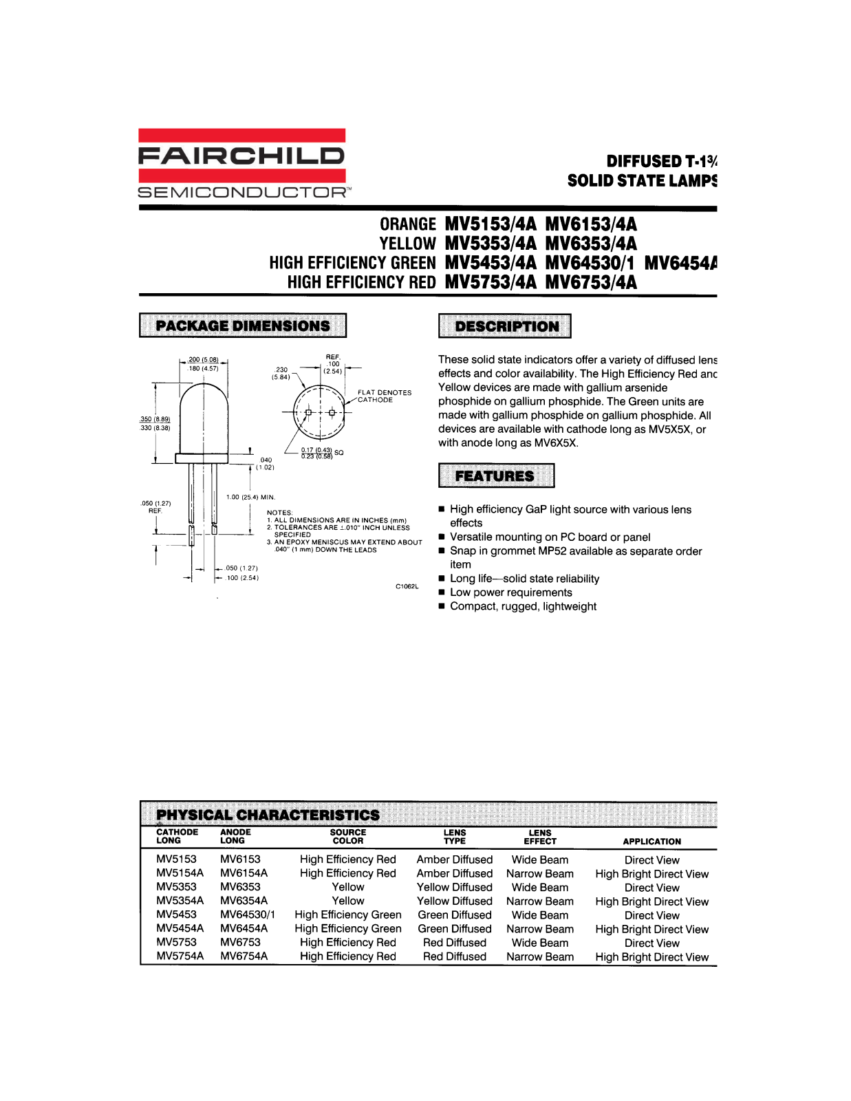 Fairchild Semiconductor MV5153, MV5754A, MV5453, MV5454A, MV6154A Datasheet