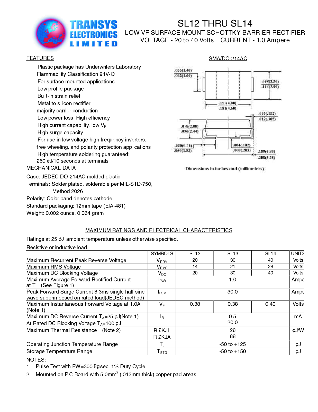 TEL SL13, SL14, SL12 Datasheet