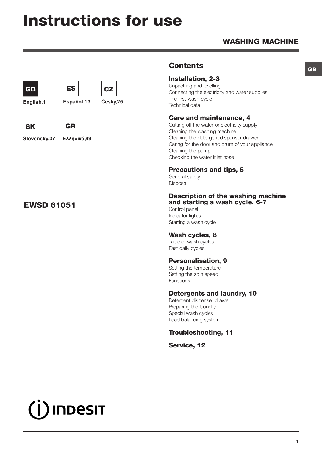 INDESIT EWSD 61051 W EU User Manual