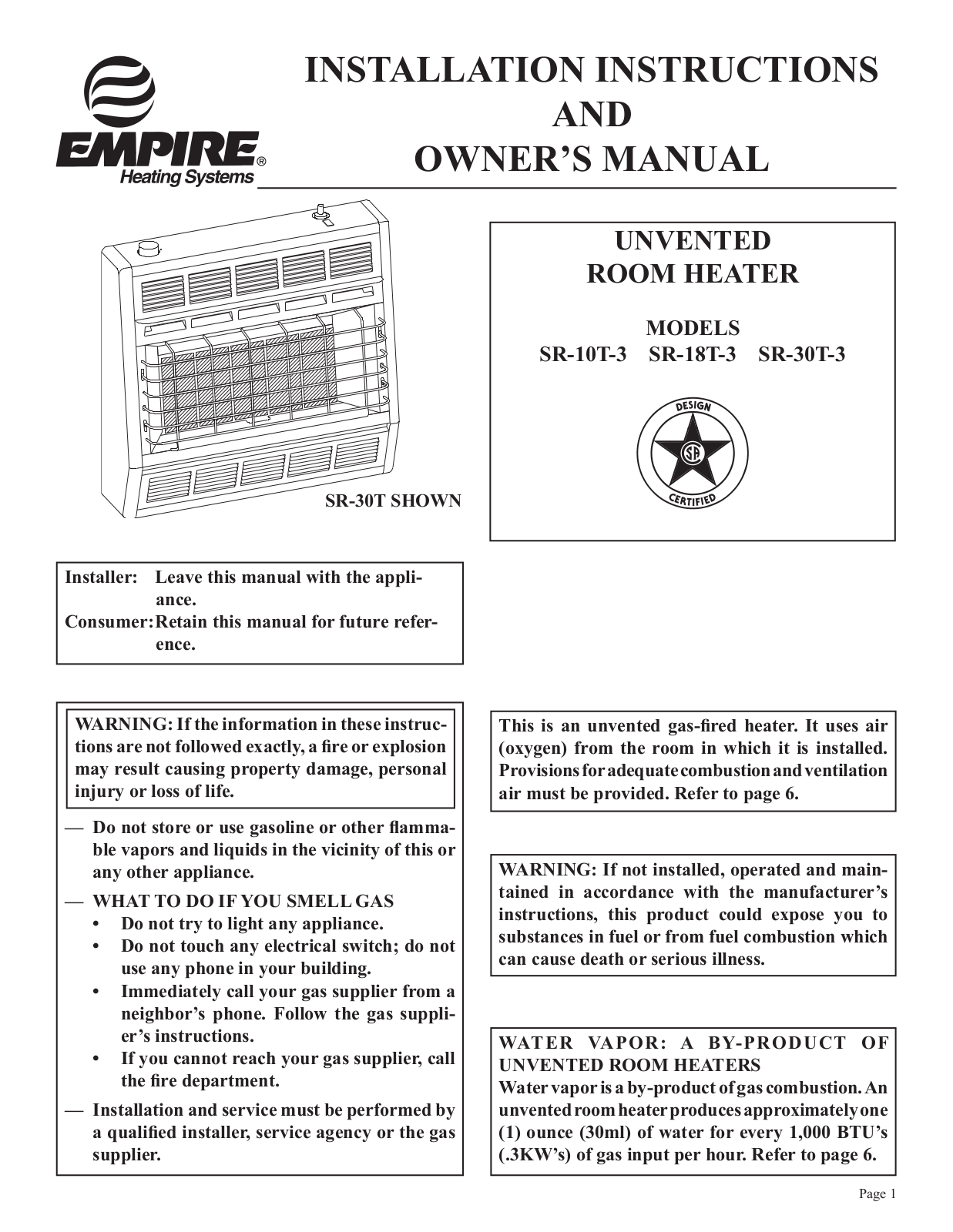 Empire Sr-30t, Sr-10t, Sr-18t Owner's Manual