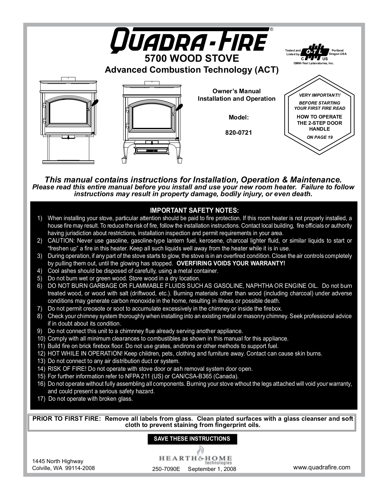 Hearth and Home Technologies 820-0721 User Manual