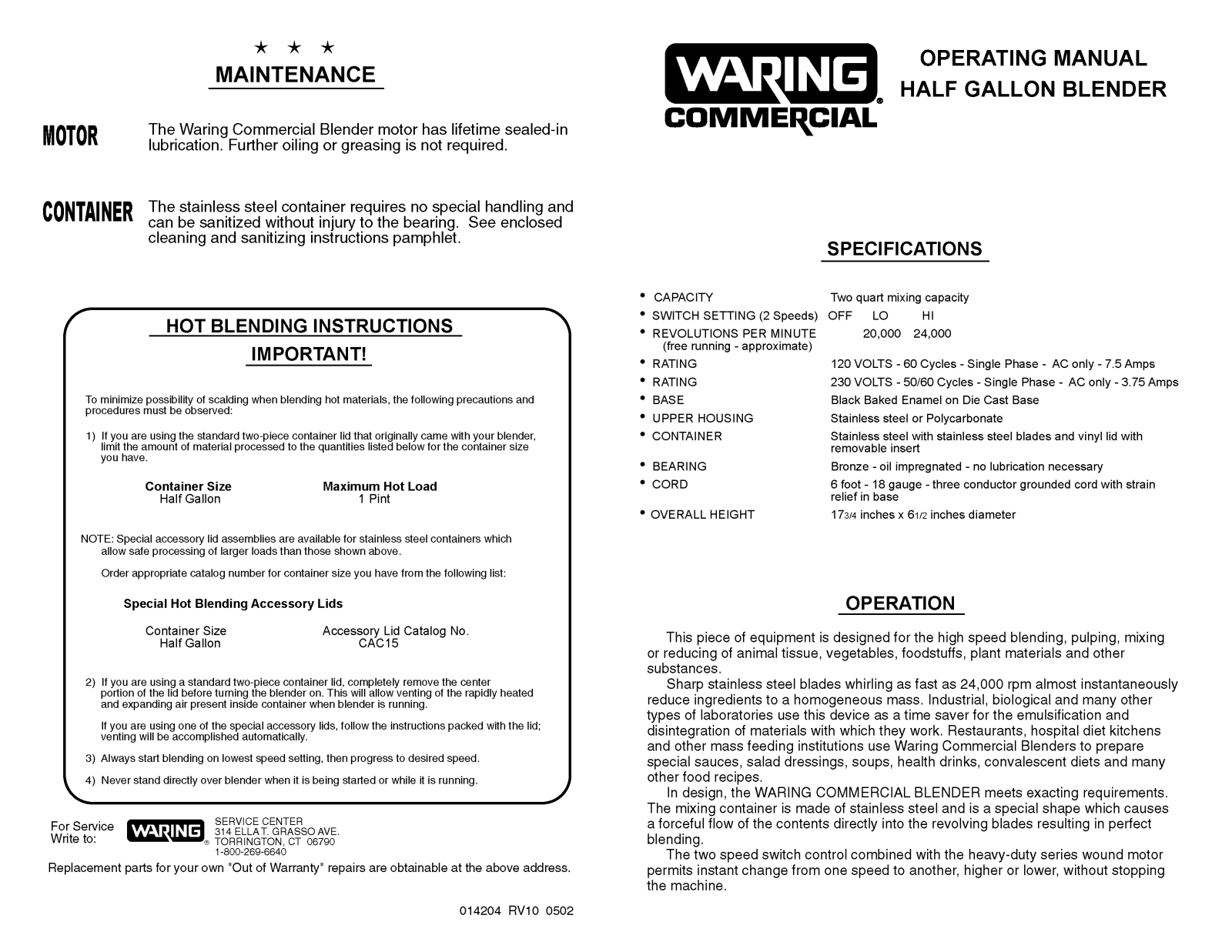 Waring HGB55E OPERATING MANUAL