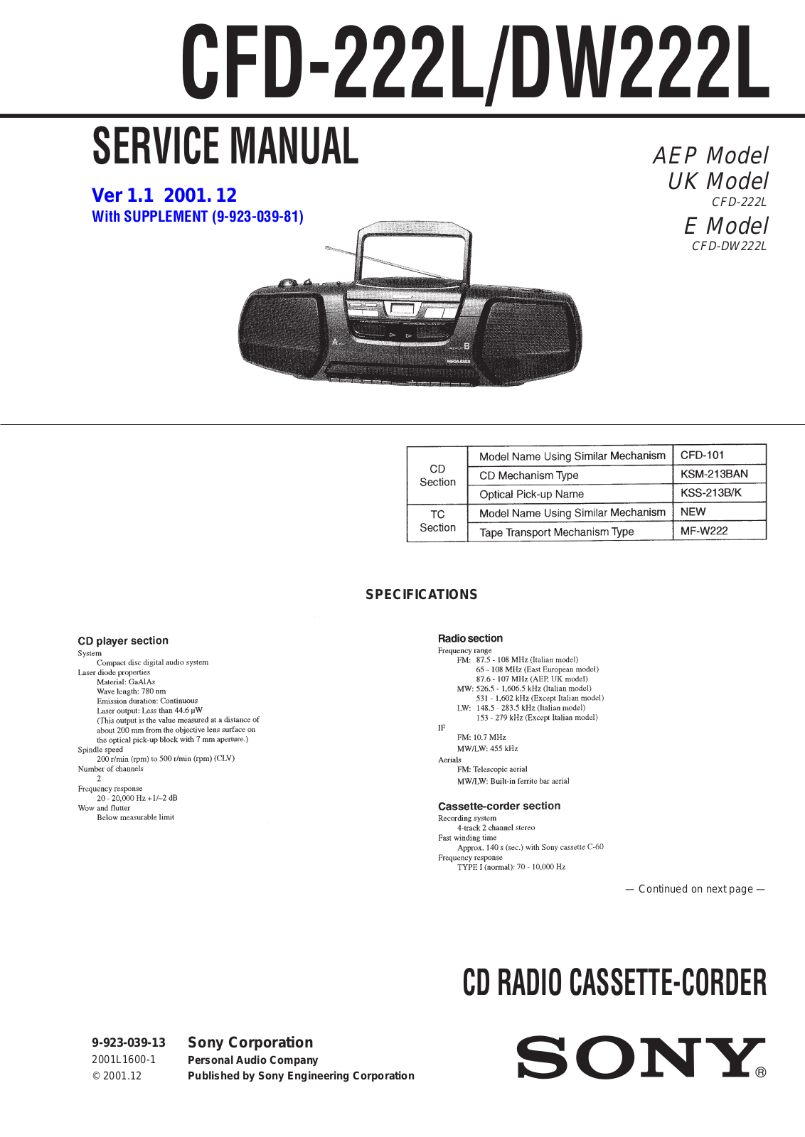 Sony CFD-222L, CFD-DW222L Service manual