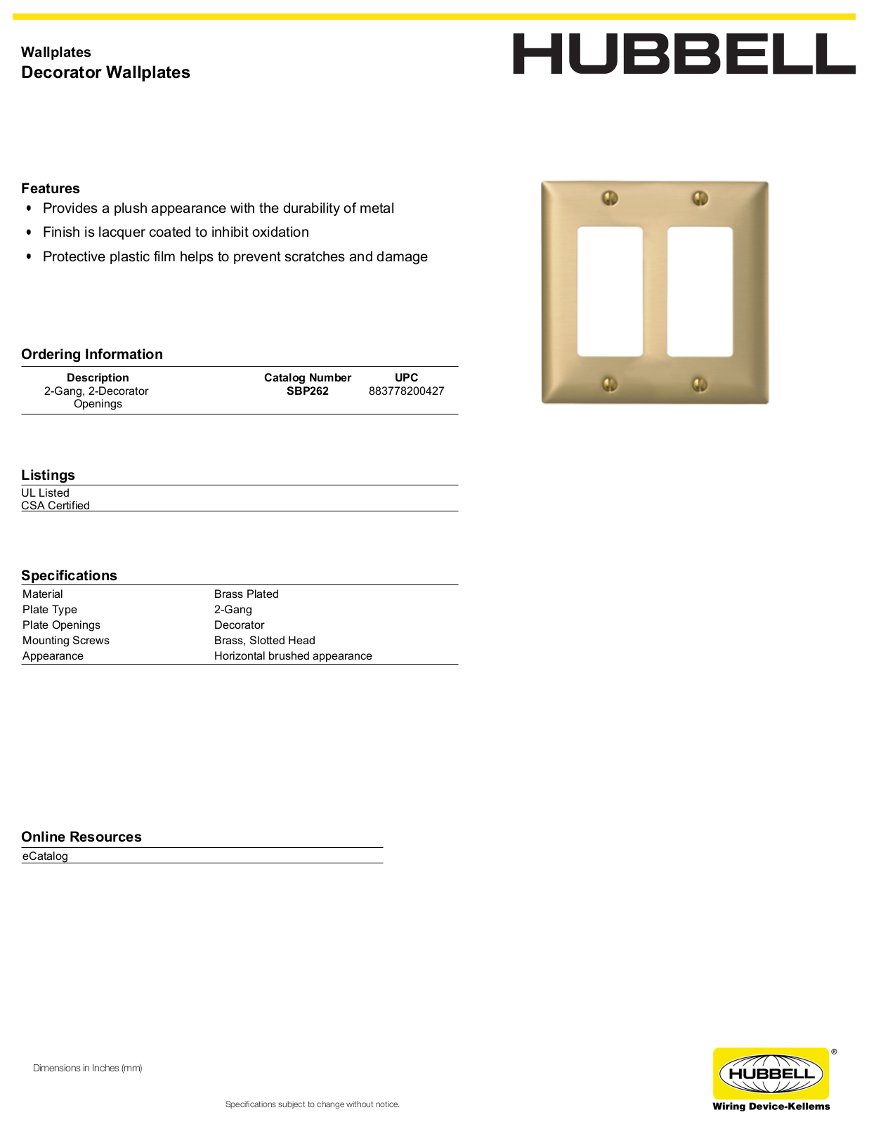 Hubbell SBP262 Specifications