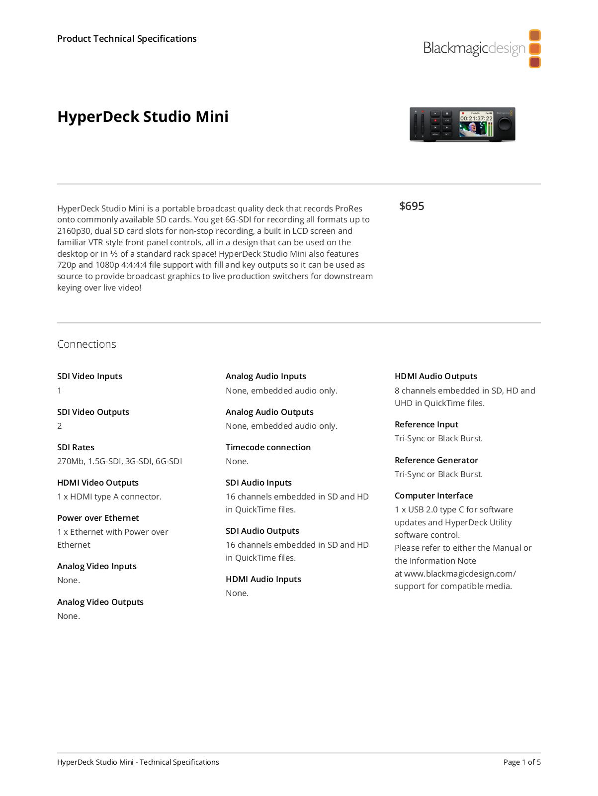 Blackmagic Design HyperDeck Studio Mini Specifications