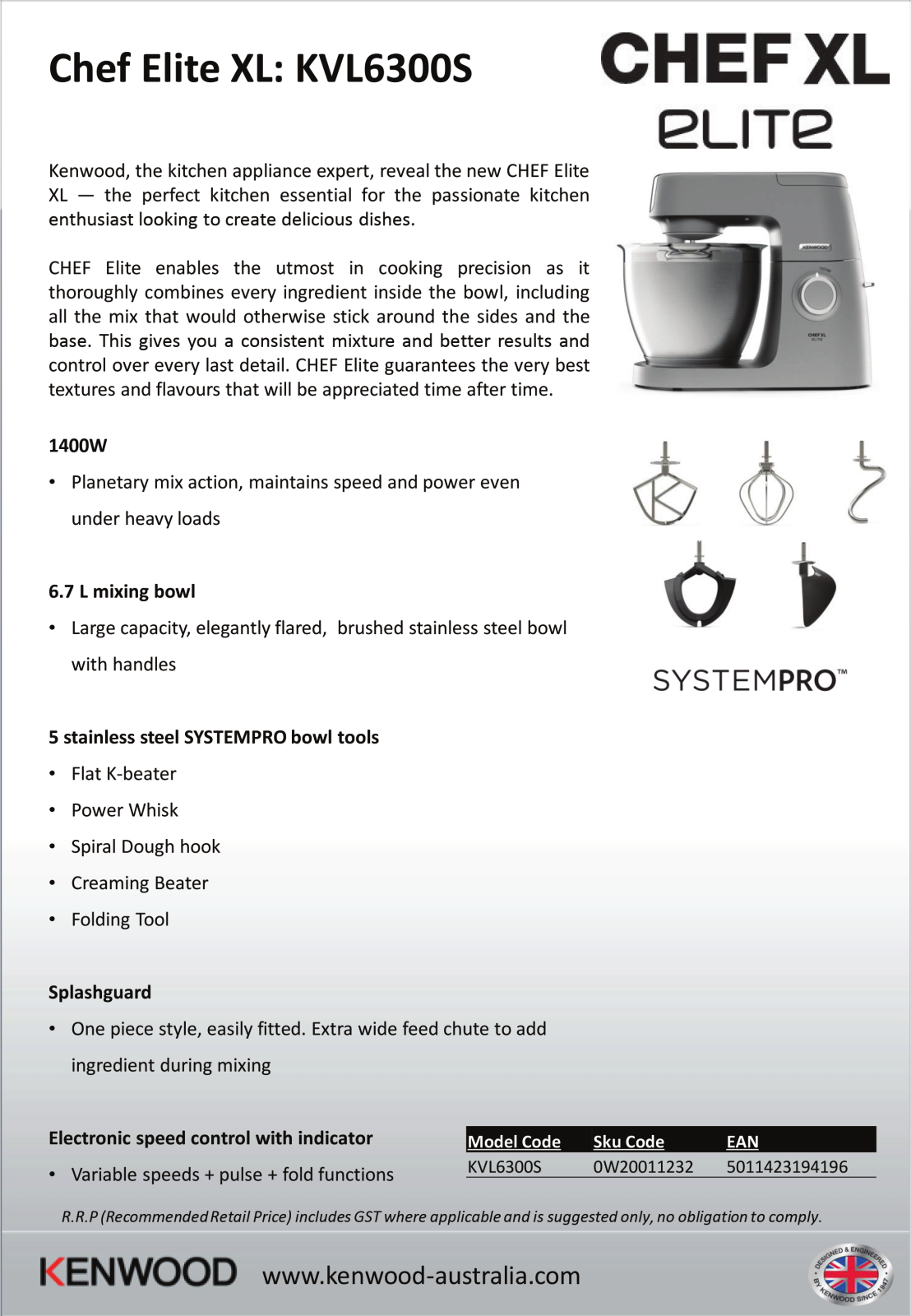 Kenwood KVL6300S Specifications Sheet