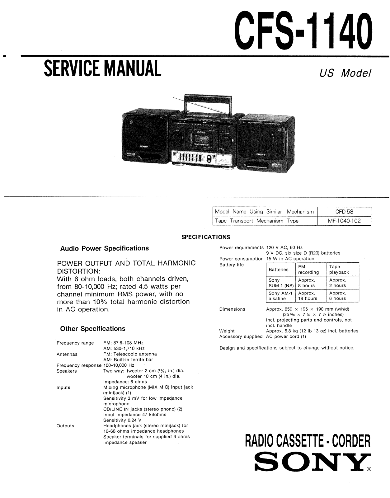 Sony CFS-1140 Service manual