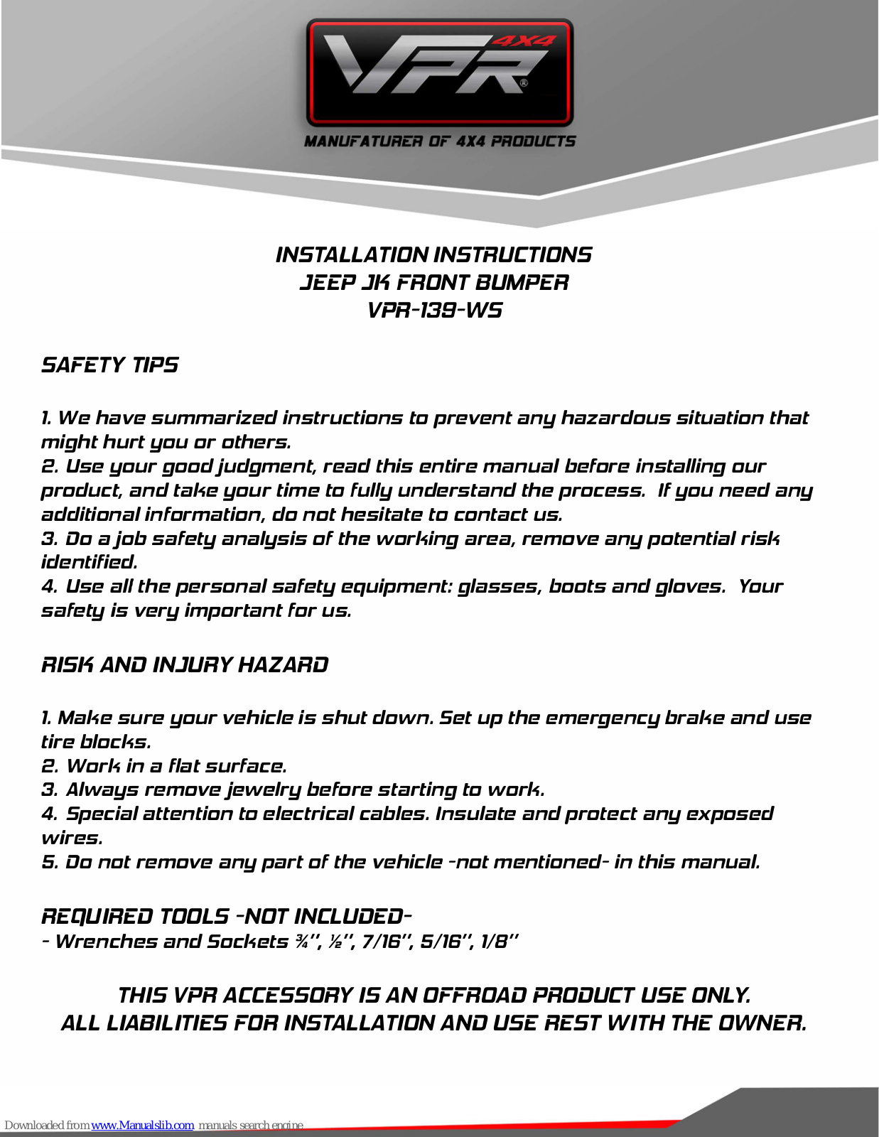 VPR 4X4 VPR-138-WS Installation Instructions Manual