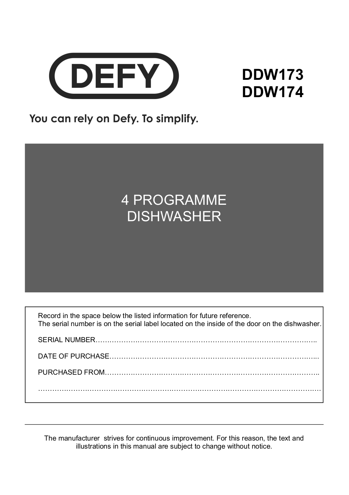 Defy DDW174, DDW173 User Manual