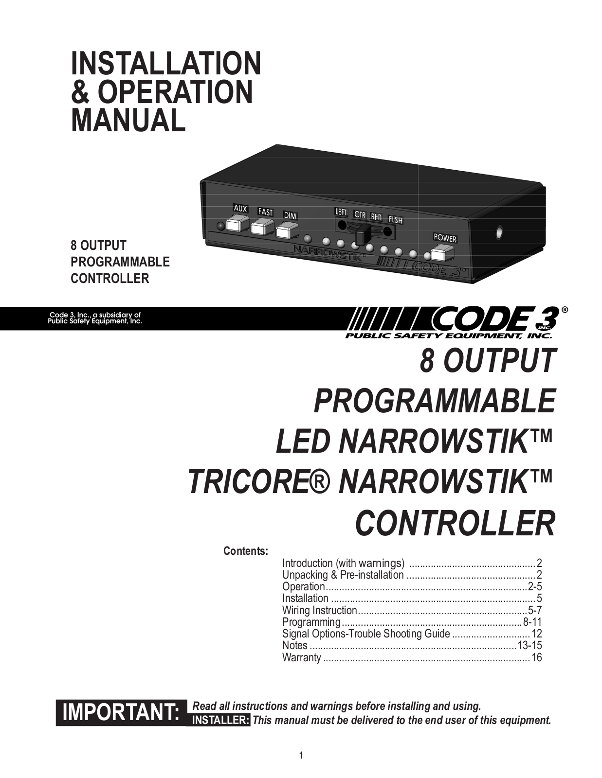 Code 3 TriCore NarrowStik Controller User Manual