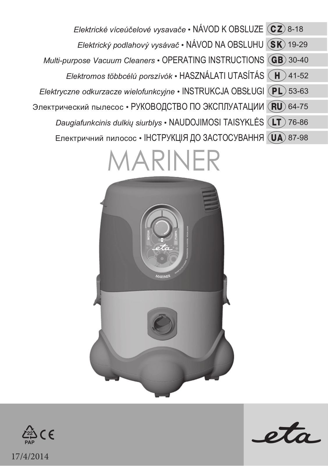 ETA Mariner bez exteronu User Manual