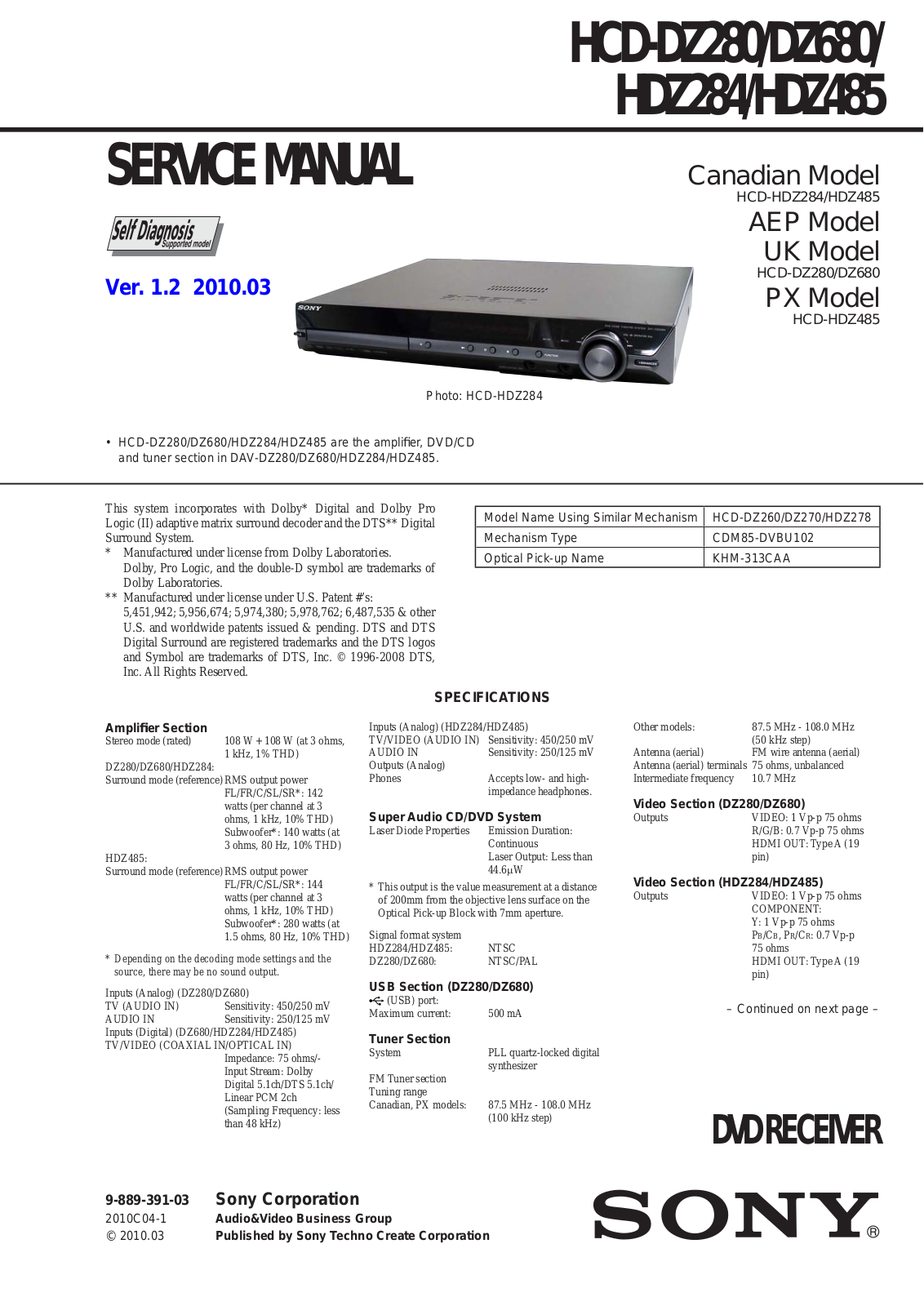 Sony HCD-DZ280, HCD-DZ680, HCD-HDZ284, HCD-HDZ485 Service Manual