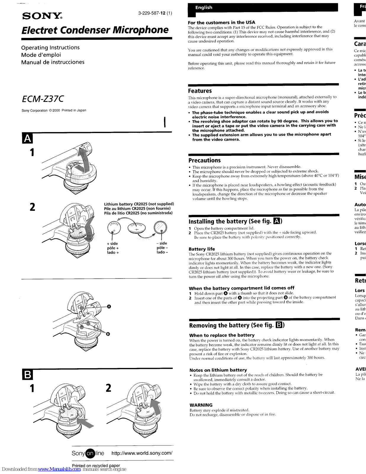 Sony Electret ECM-Z37C Operating Instructions Manual