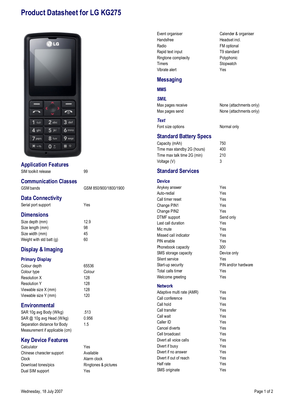 LG KG275 User Manual