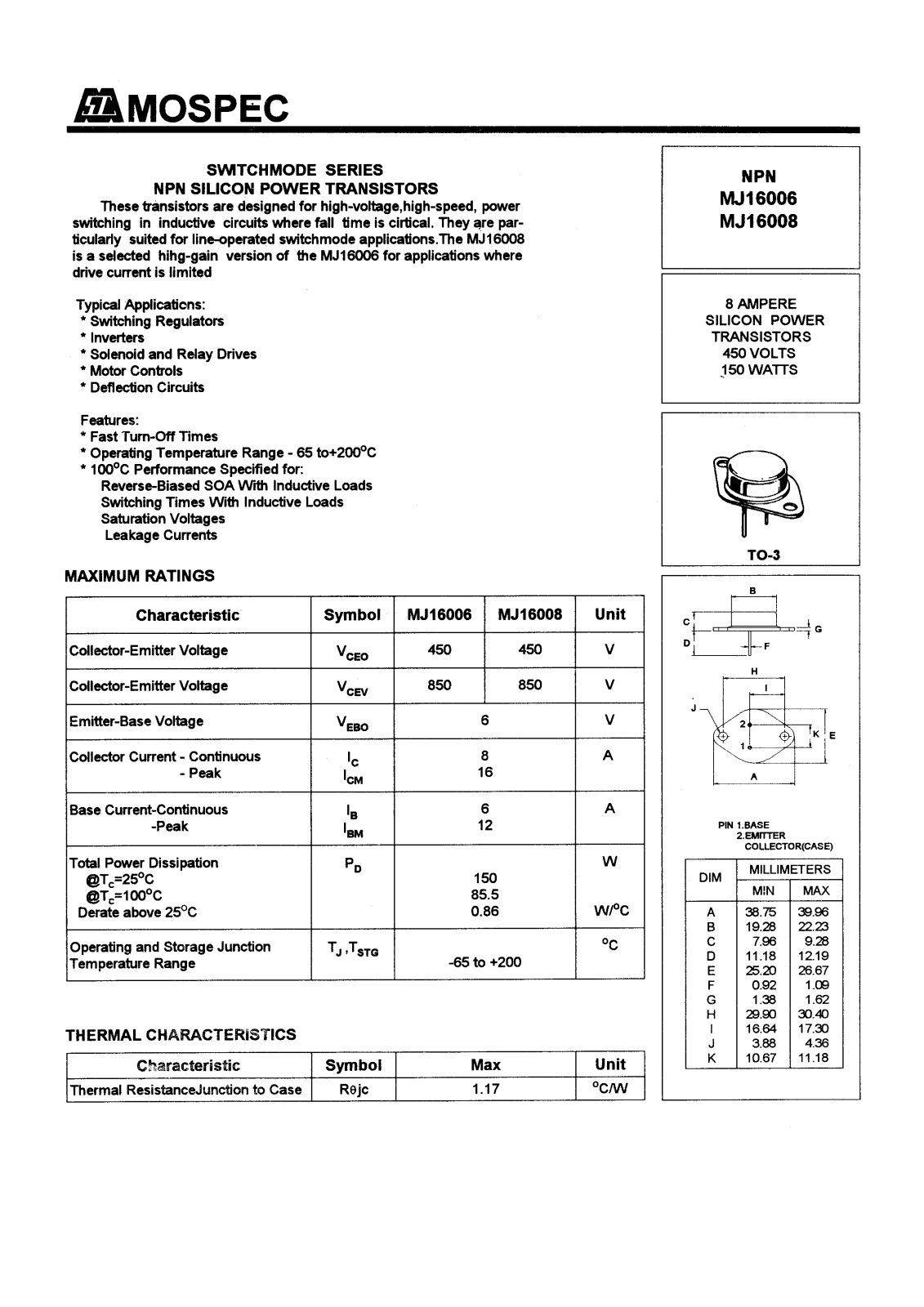 MOSPEC MJ16008, MJ16006 Datasheet