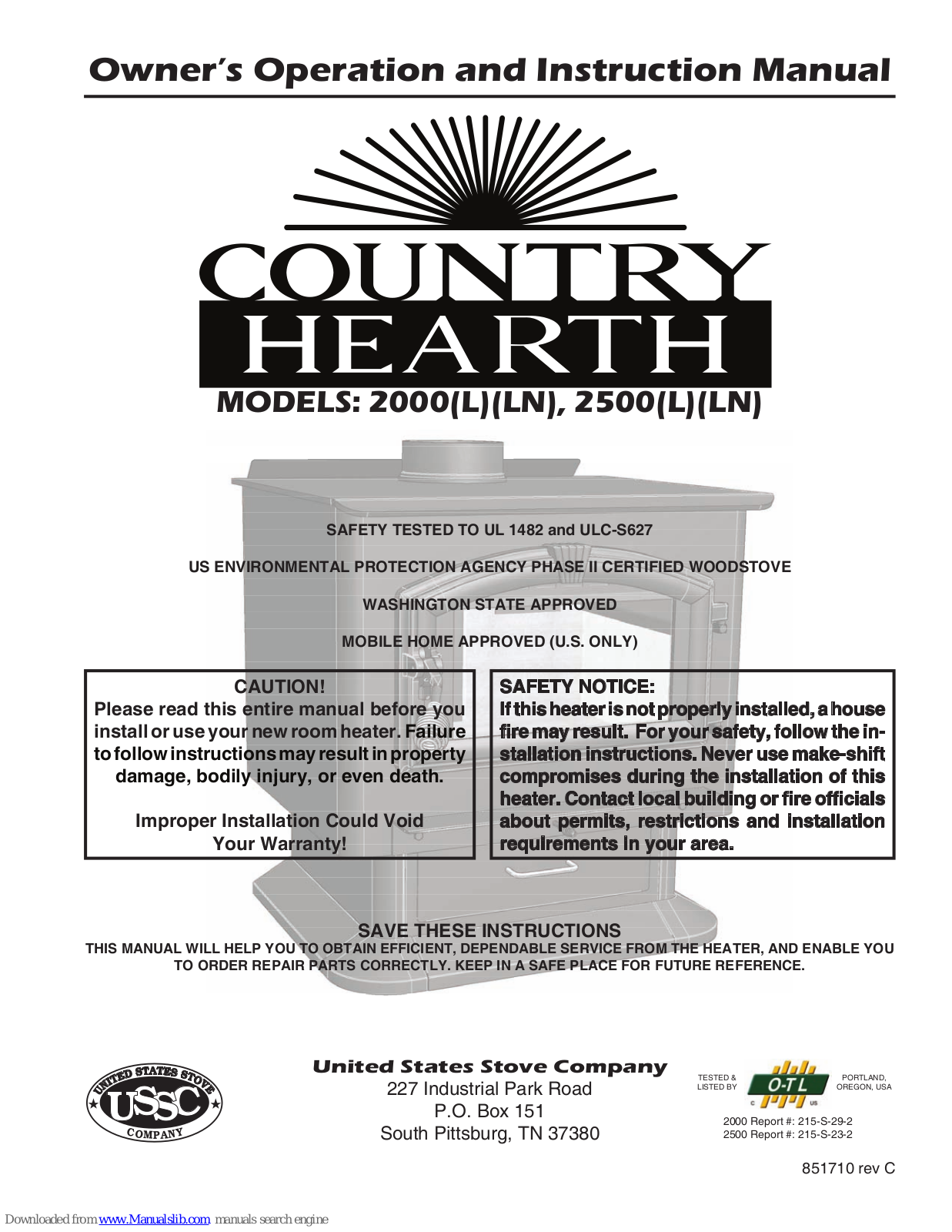 Country Hearth 2000, 2000LN, 2500, 2500L, 2500LN Owner's Operation And Instruction Manual