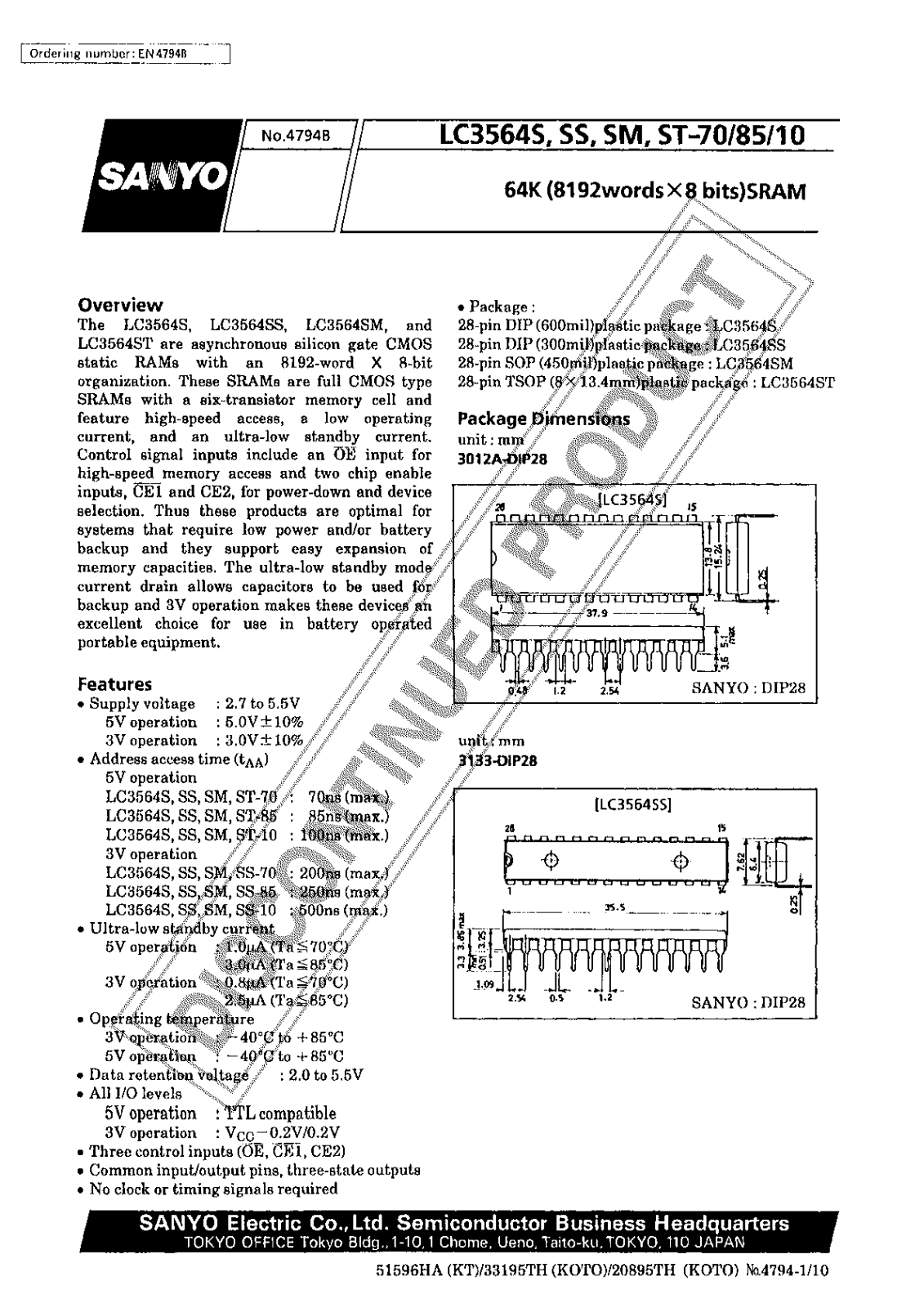 Sanyo LC3564SM-70 Specifications