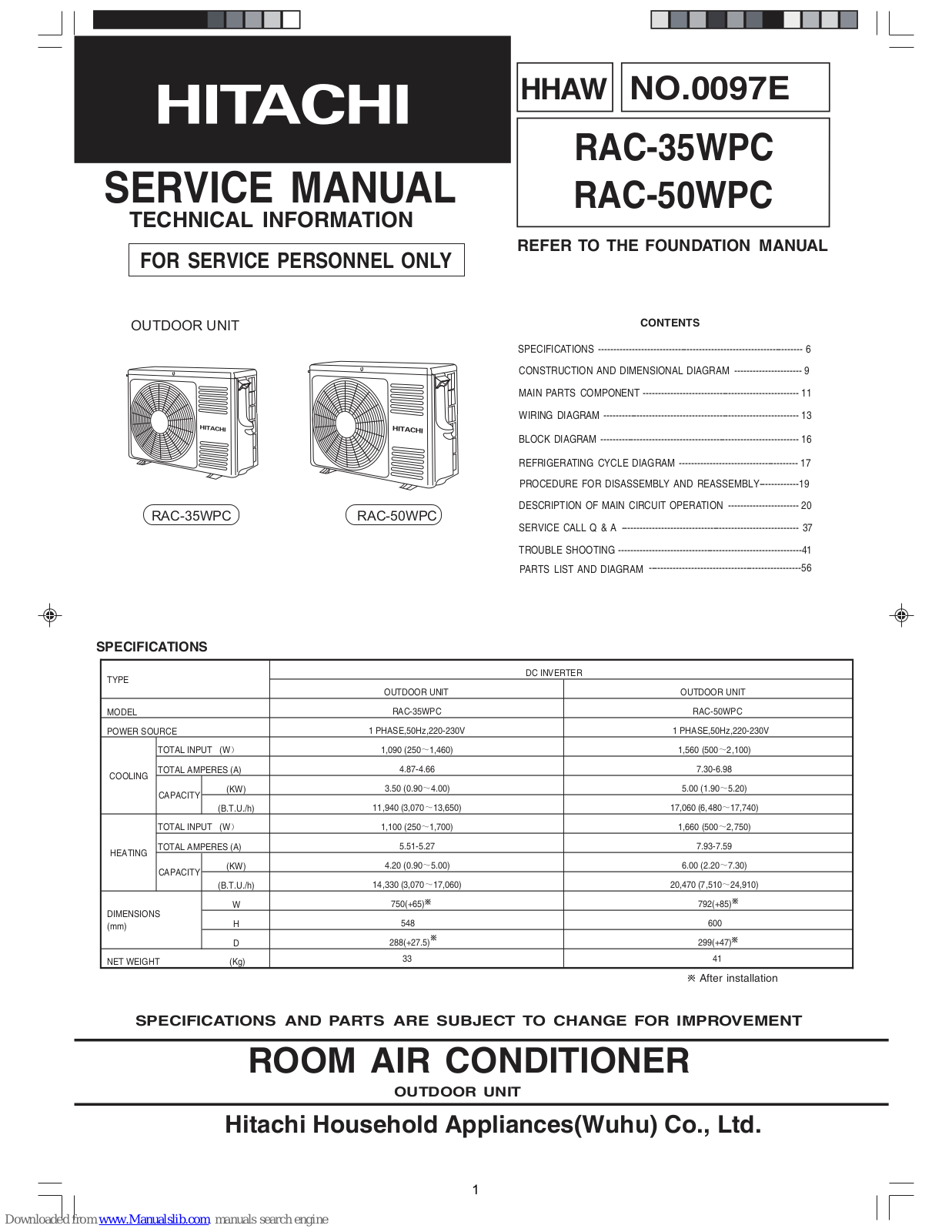 Hitachi RAC-35WPC, RAC-50WPC Service Manual