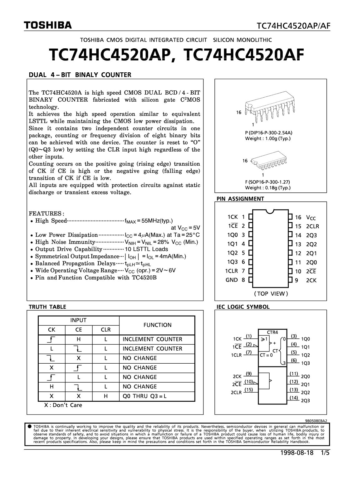 Toshiba TC74HC4520AP Datasheet