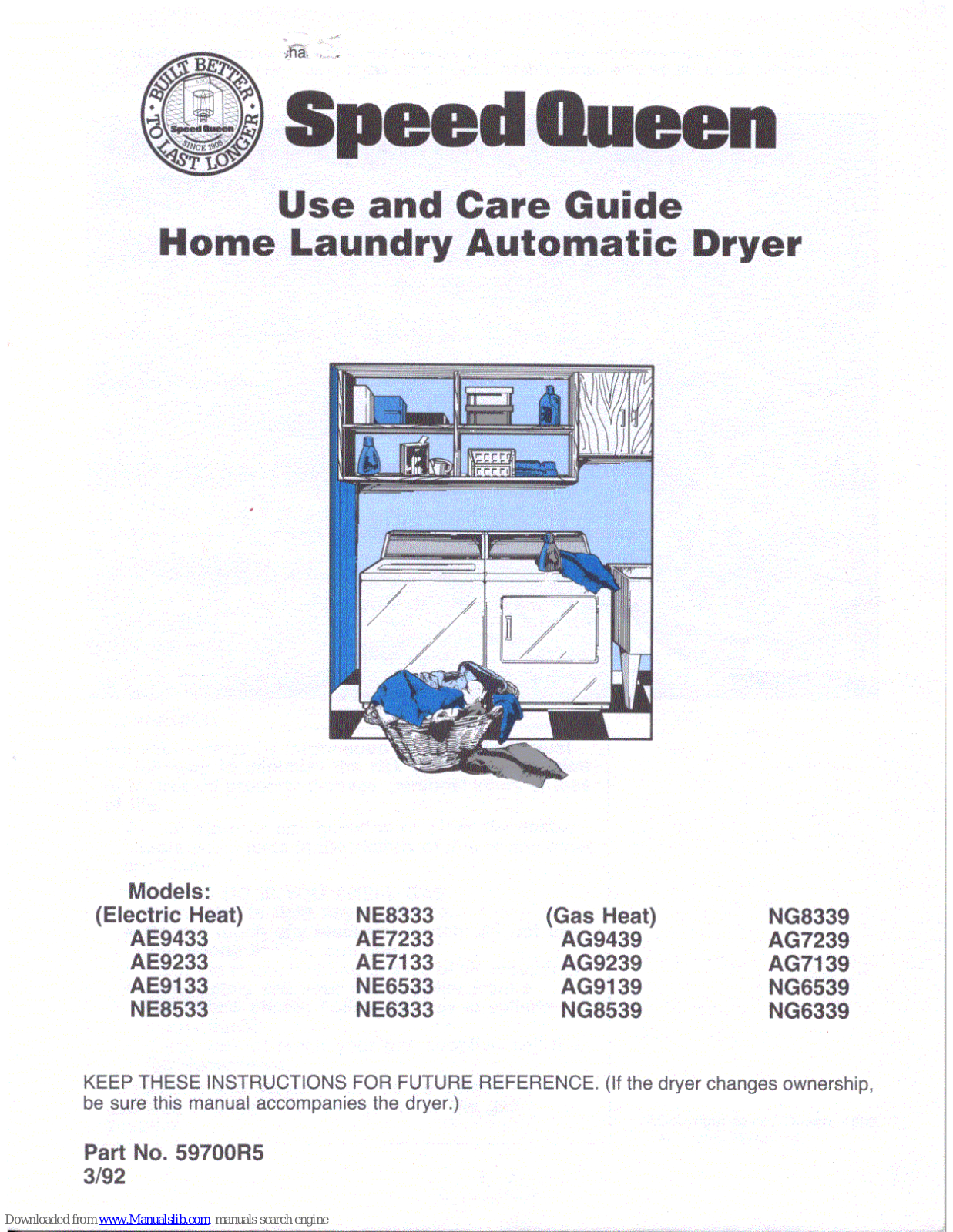 Speed Queen AE9233, AE7233, AE9133, AE9433, AG7239 Use And Care Manual