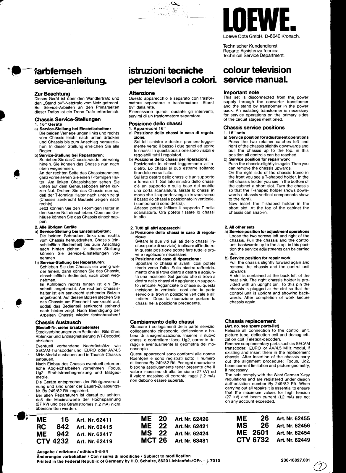 Loewe ME16, RC842, ME942, CTV4232, ME20 Schematic