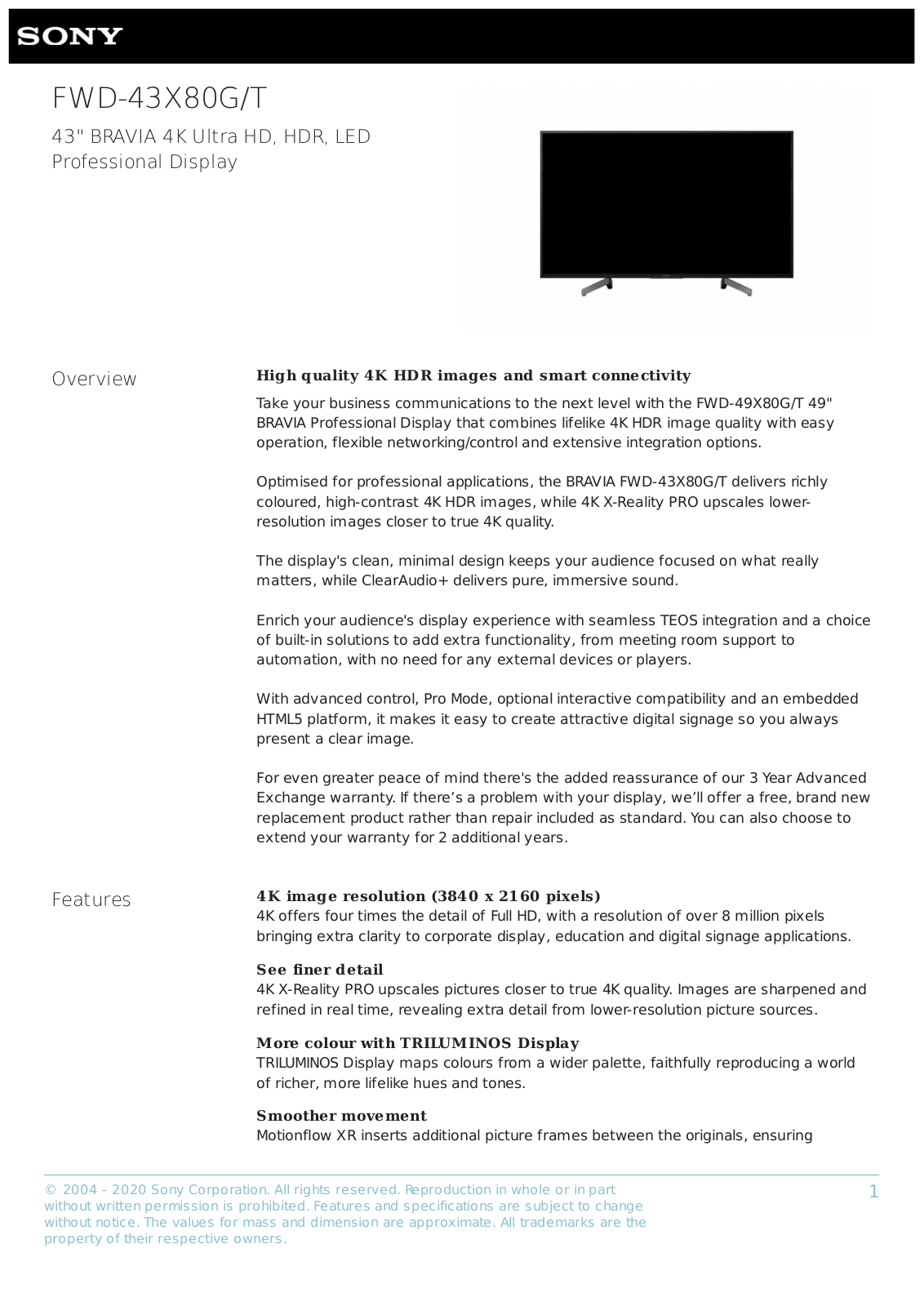 Sony FWD-43X80G/UKT Product Data Sheet