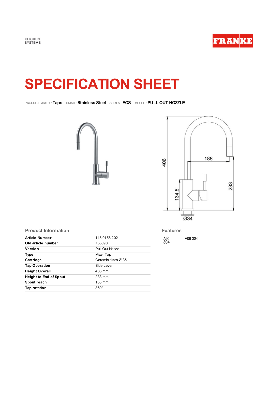 Franke TA9501 Specifications Sheet