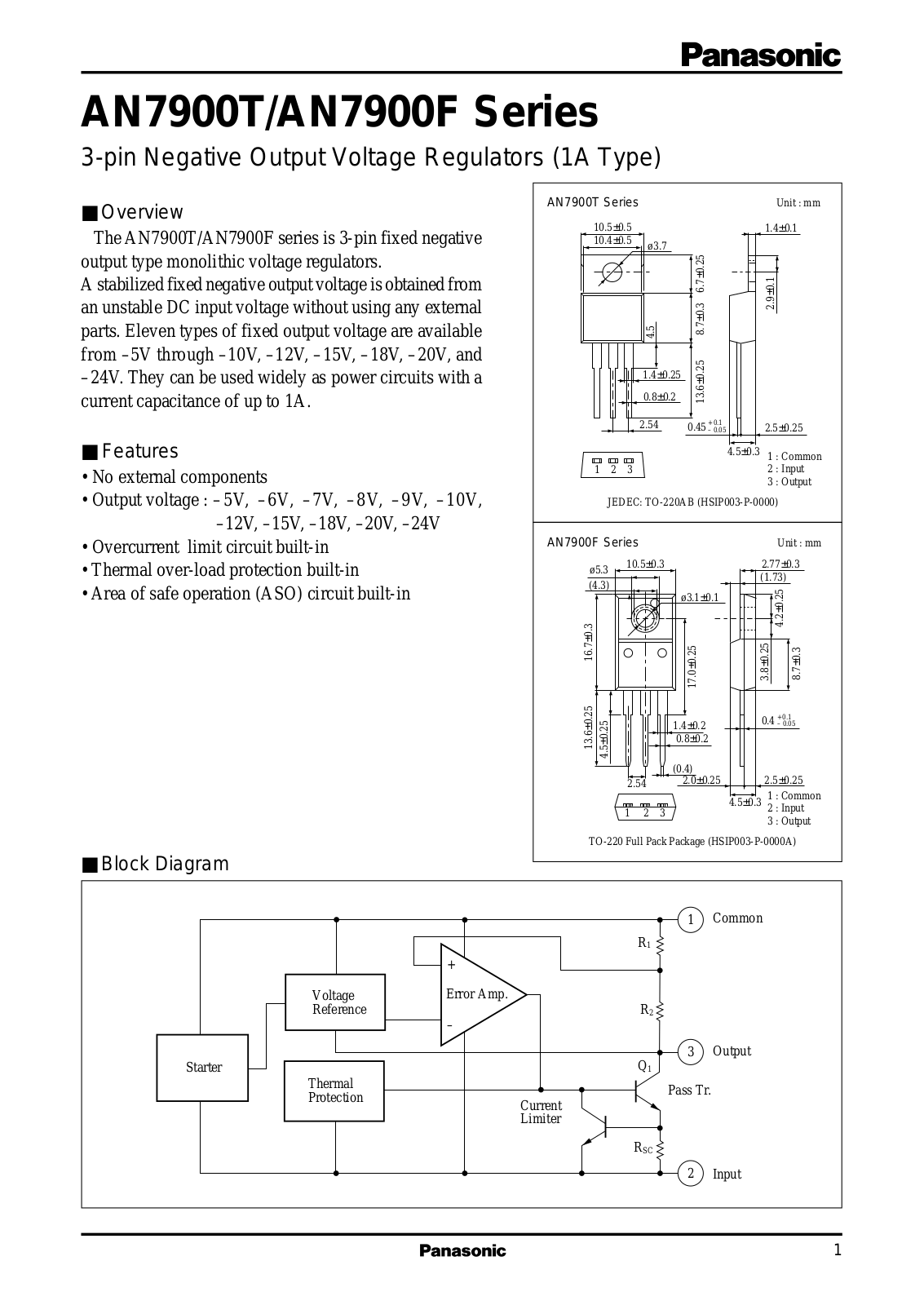 Panasonic AN7920F, AN7918T, AN7918F, AN7915T, AN7915F Datasheet