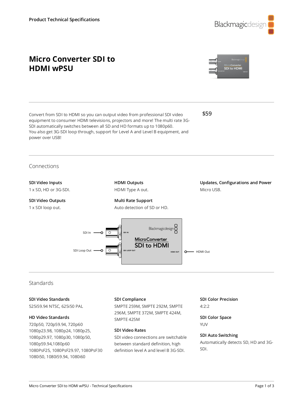 Blackmagic Design Micro Converter SDI to HDMI wPSU Specifications