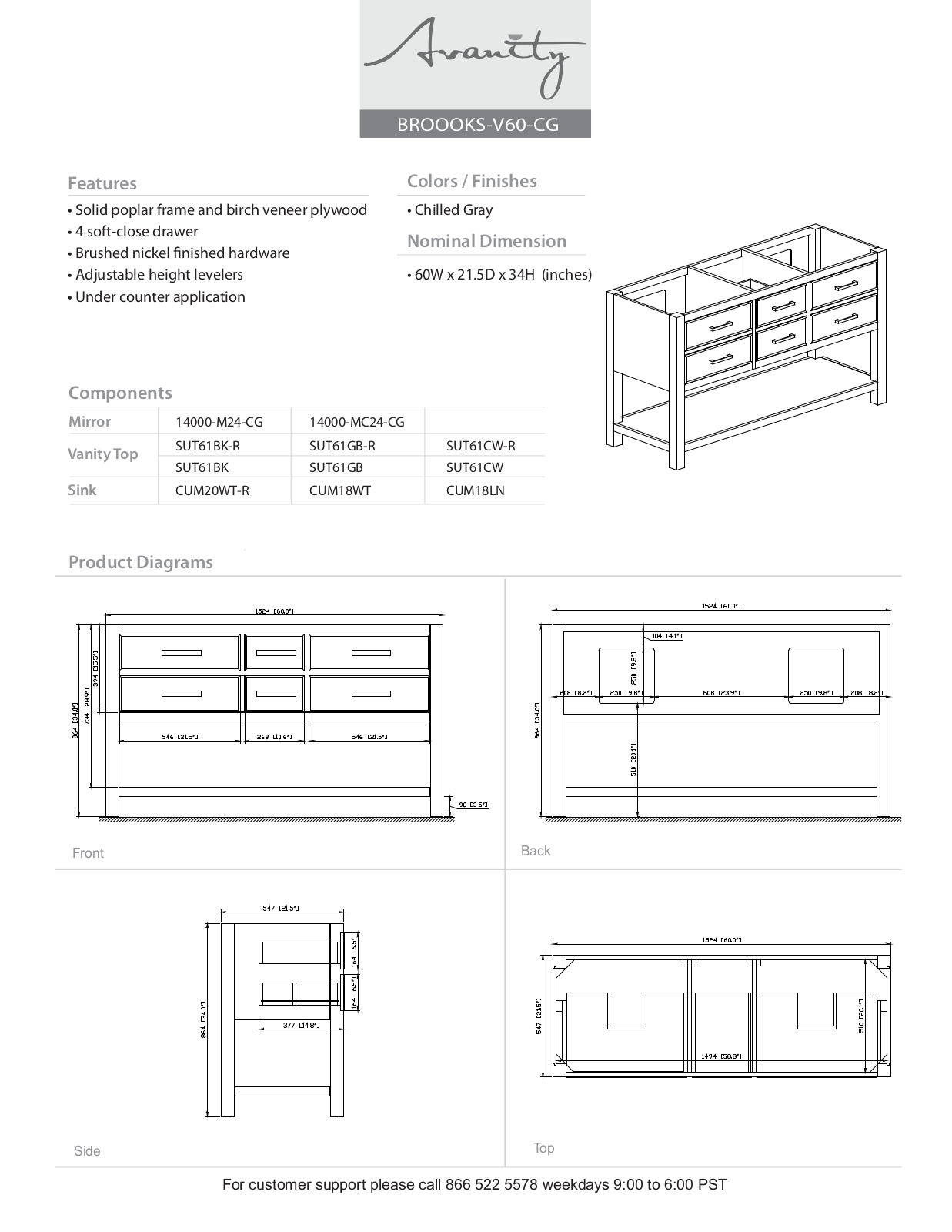 Avanity BROOKSVS60WTC, BROOKSVS60WTB, BROOKSVS60WTA, BROOKSVS60CGC, BROOKSVS60CGB Diagram