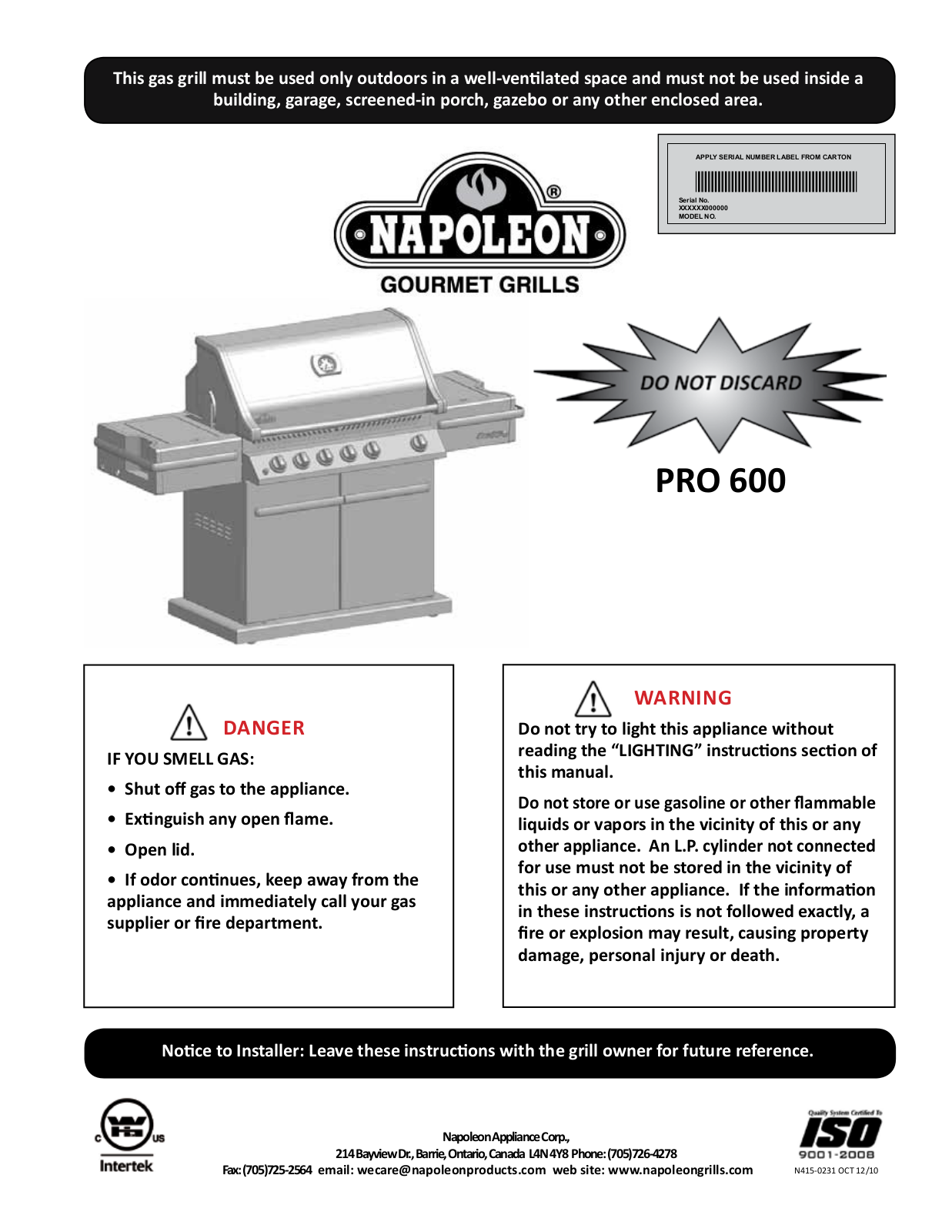 Napoleon Grills PRO 600 User Manual