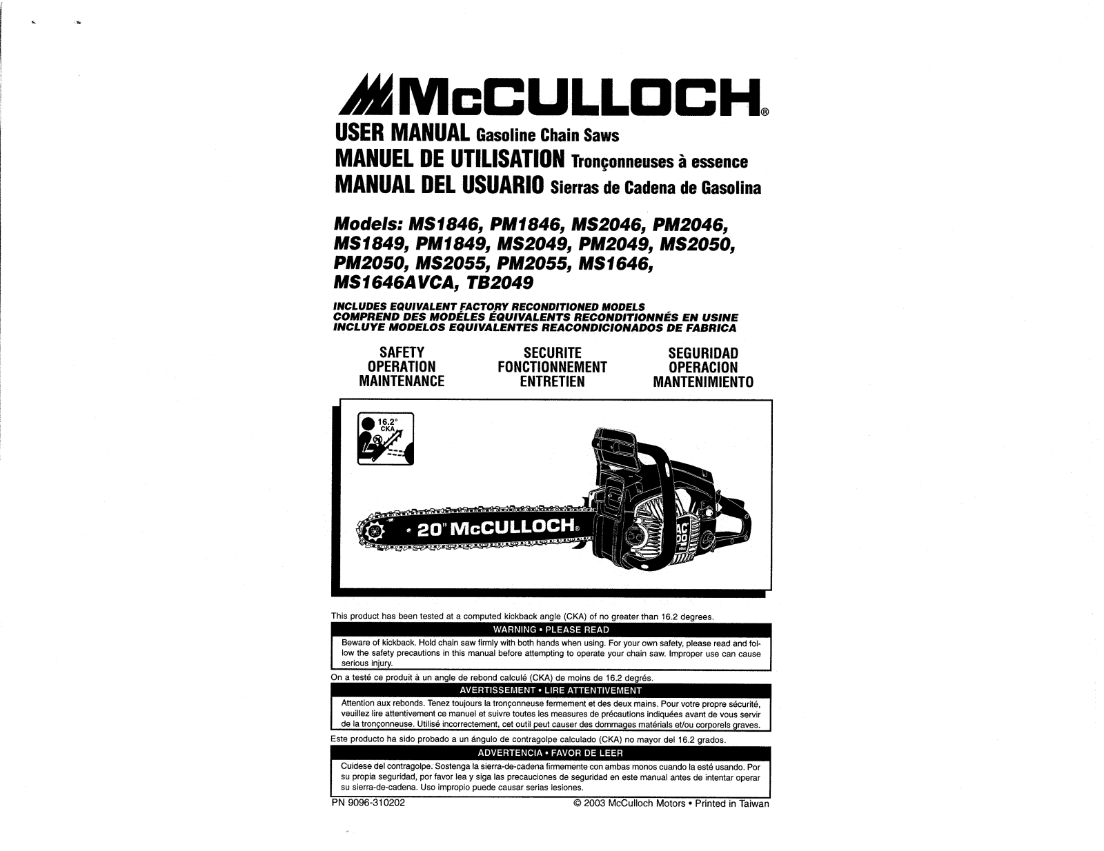 mcculloch ms1846, pm1846, ms2046, pm2046, ms1849 user Manual